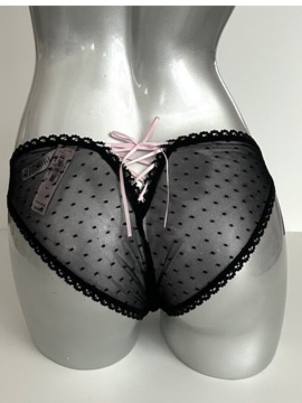 Victoria's Secret Dream Angels Lace Up Black Polka Dot Cheekini Panty S